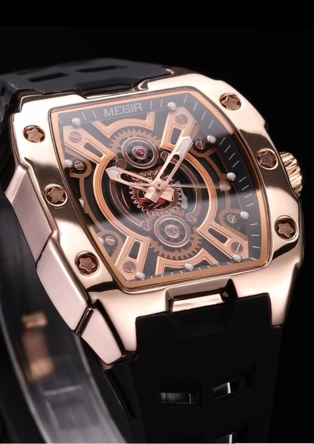 ساعة MEGIR كاجوال فاخرة للرجال – تصميم برميل، قرص مضيء، مقاومة للماء، حركة يابانية، حزام سيليكون أنيق GRR 8116
