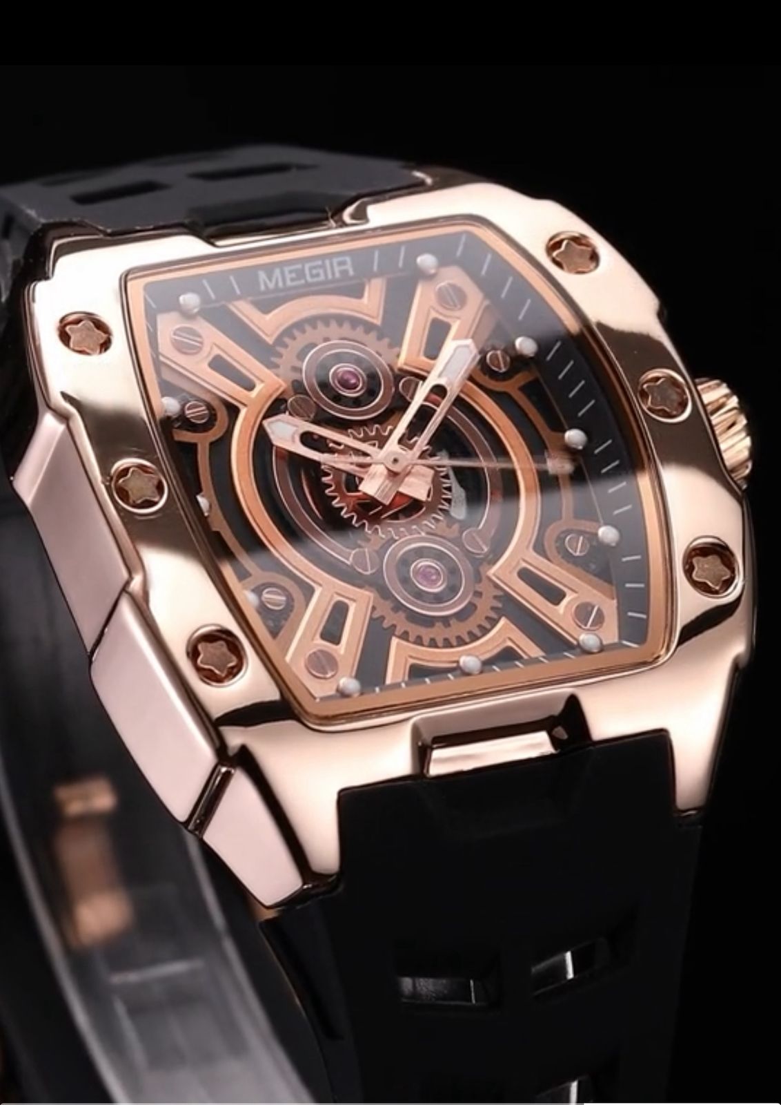 ساعة MEGIR كاجوال فاخرة للرجال – تصميم برميل، قرص مضيء، مقاومة للماء، حركة يابانية، حزام سيليكون أنيق GRR 8116