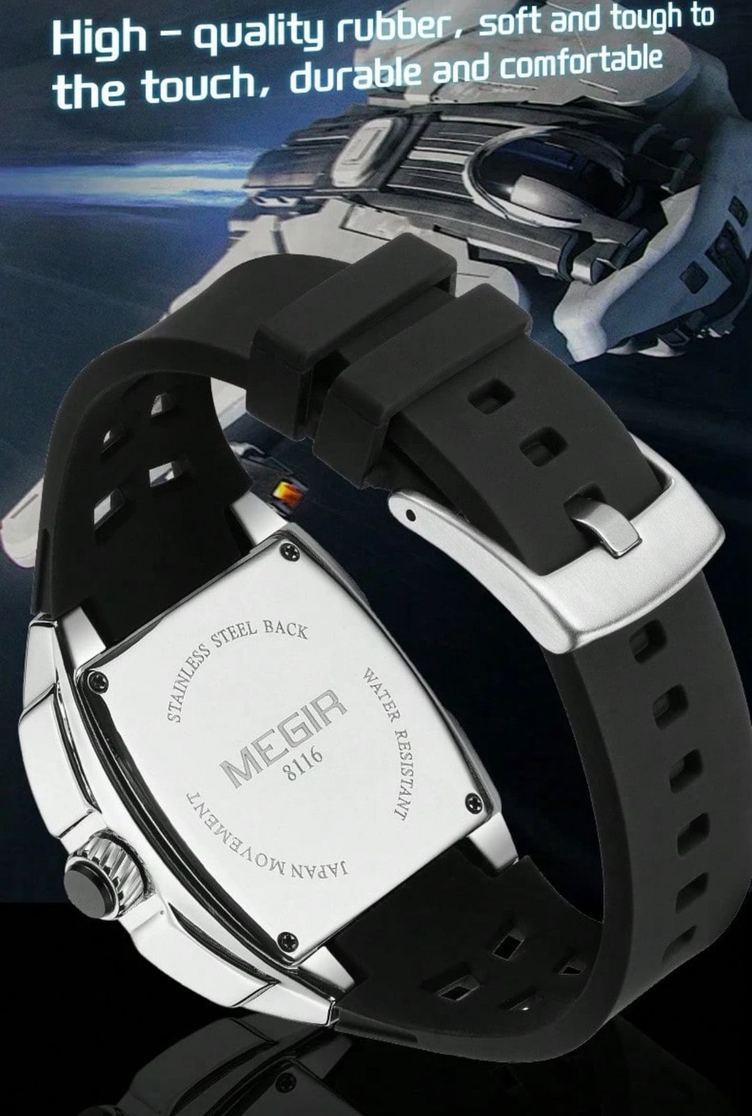 ساعة MEGIR كاجوال فاخرة للرجال – تصميم برميل، قرص مضيء، مقاومة للماء، حركة يابانية، حزام سيليكون أنيق GRR 8116