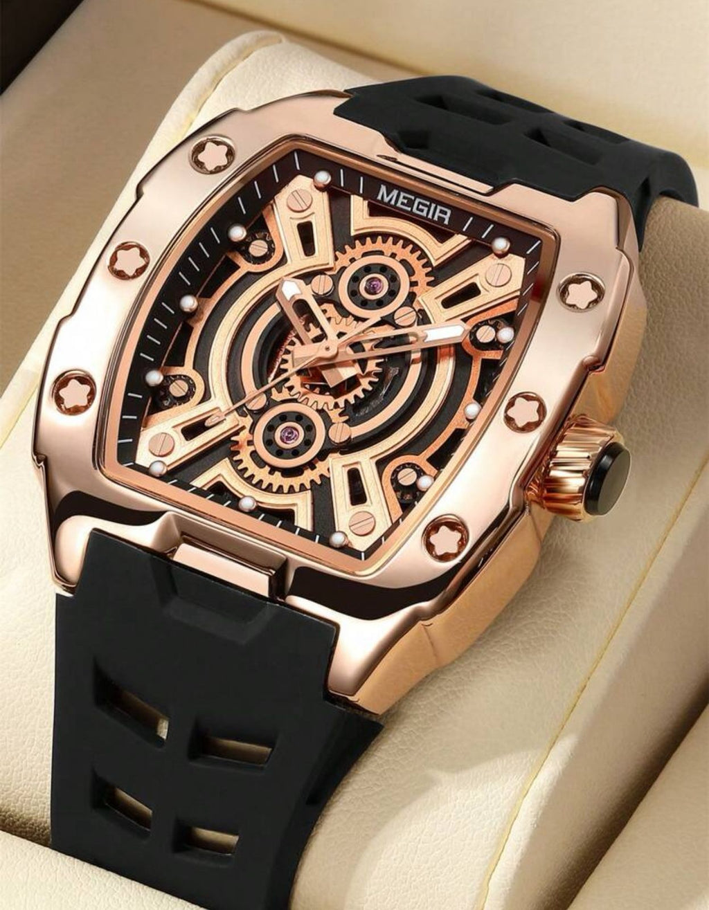 ساعة MEGIR كاجوال فاخرة للرجال – تصميم برميل، قرص مضيء، مقاومة للماء، حركة يابانية، حزام سيليكون أنيق GRR 8116