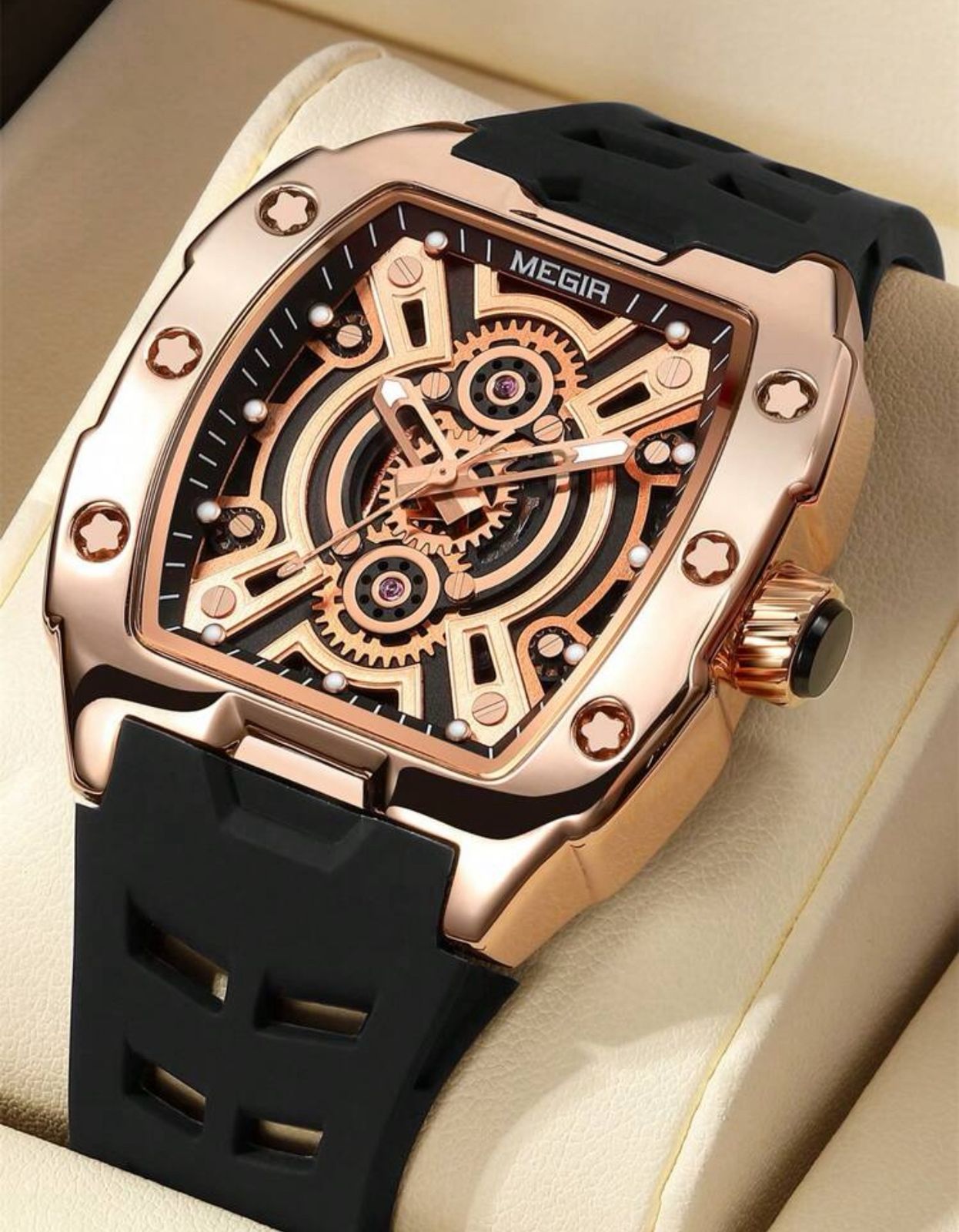 ساعة MEGIR كاجوال فاخرة للرجال – تصميم برميل، قرص مضيء، مقاومة للماء، حركة يابانية، حزام سيليكون أنيق GRR 8116