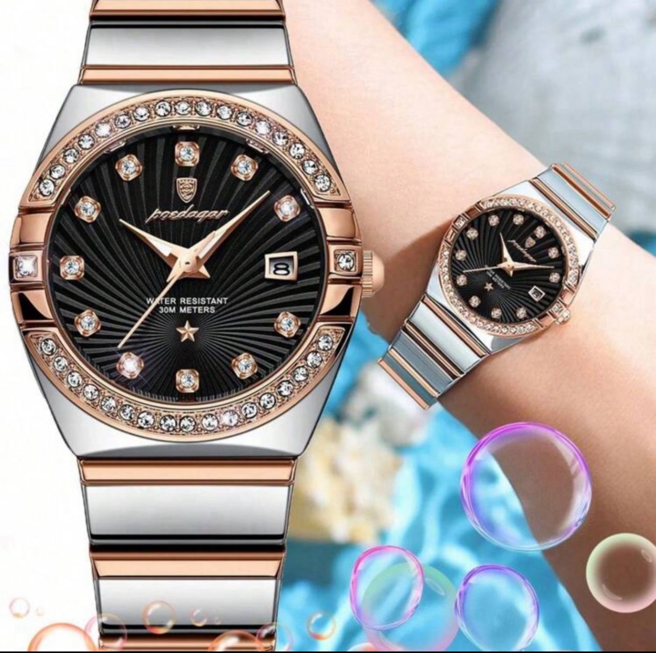 ساعة POEDAGAR نسائية فاخرة – ستانلس ستيل، إطار مرصع، عرض التاريخ، مقاومة للماء، تصميم أنيق للمناسبات والهدايا LTMB 301