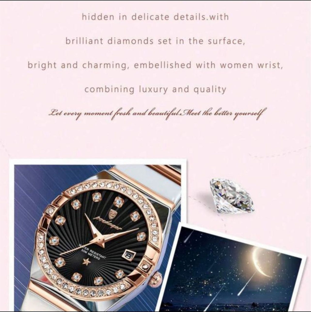 ساعة POEDAGAR نسائية فاخرة – ستانلس ستيل، إطار مرصع، عرض التاريخ، مقاومة للماء، تصميم أنيق للمناسبات والهدايا LTMB 301