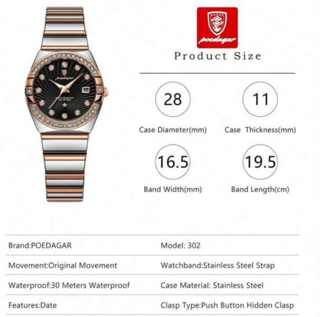 ساعة POEDAGAR نسائية فاخرة – ستانلس ستيل، إطار مرصع، عرض التاريخ، مقاومة للماء، تصميم أنيق للمناسبات والهدايا LTMB 301
