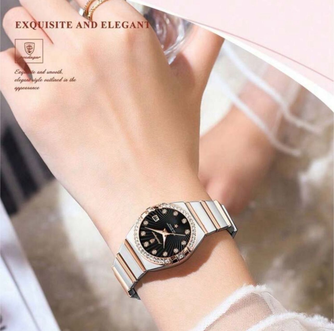 ساعة POEDAGAR نسائية فاخرة – ستانلس ستيل، إطار مرصع، عرض التاريخ، مقاومة للماء، تصميم أنيق للمناسبات والهدايا LTMB 301
