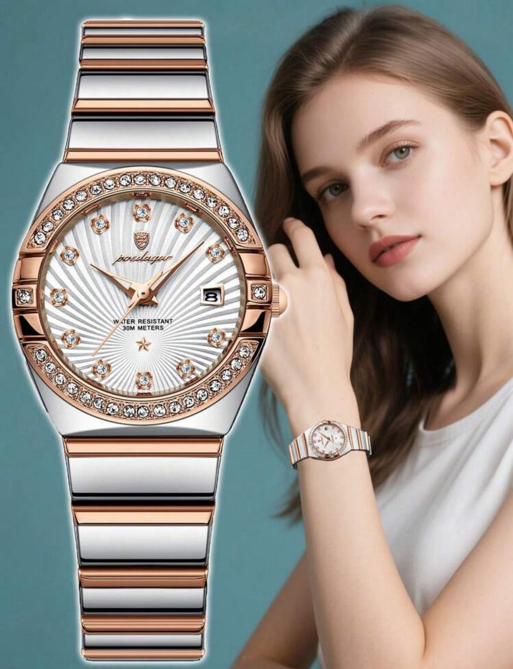 ساعة POEDAGAR نسائية فاخرة – ستانلس ستيل، إطار مرصع، عرض التاريخ، مقاومة للماء، تصميم أنيق للمناسبات والهدايا LTMW 301