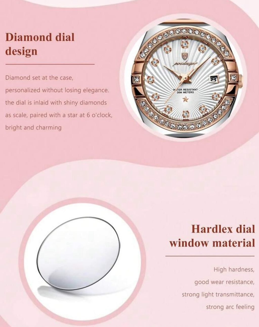 ساعة POEDAGAR نسائية فاخرة – ستانلس ستيل، إطار مرصع، عرض التاريخ، مقاومة للماء، تصميم أنيق للمناسبات والهدايا LTMW 301
