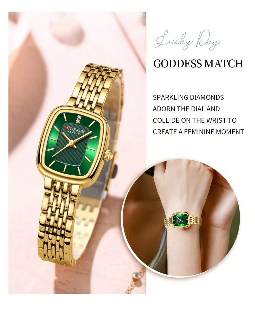 ساعة نسائية أنيقة من CURREN بتصميم مربع – مقاومة للماء، حزام ذهبي وميناء أخضر، مناسبة للأعمال والهدايا LGMG 9093