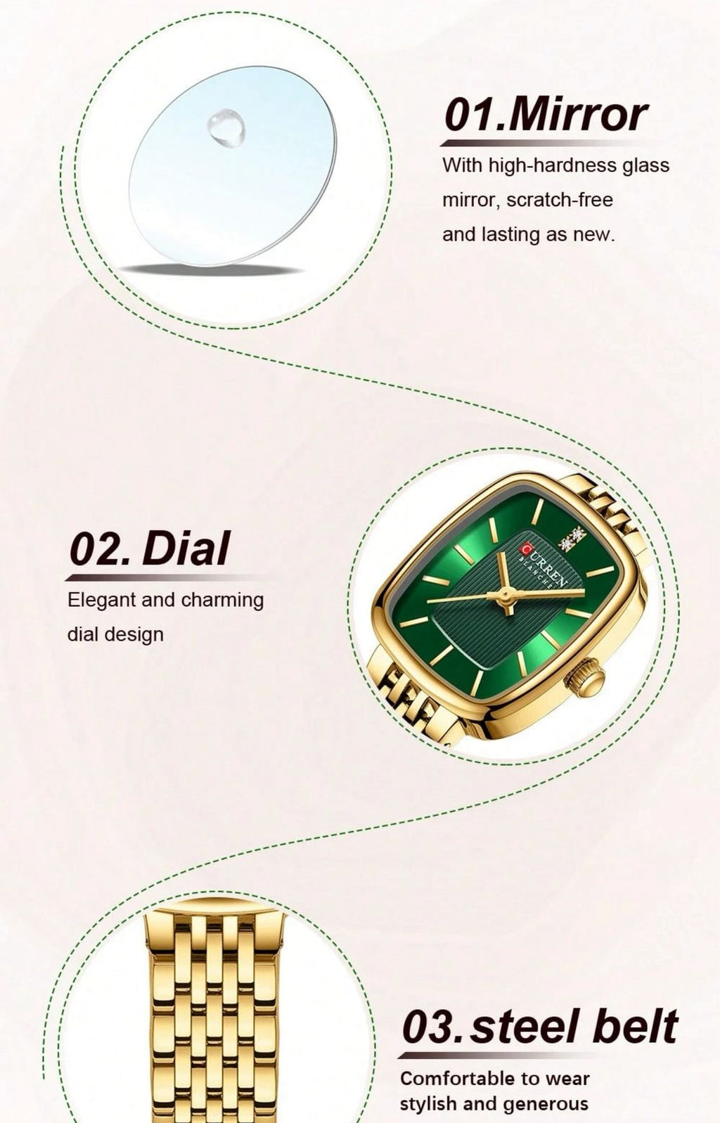 ساعة نسائية أنيقة من CURREN بتصميم مربع – مقاومة للماء، حزام ذهبي وميناء أخضر، مناسبة للأعمال والهدايا LGMG 9093