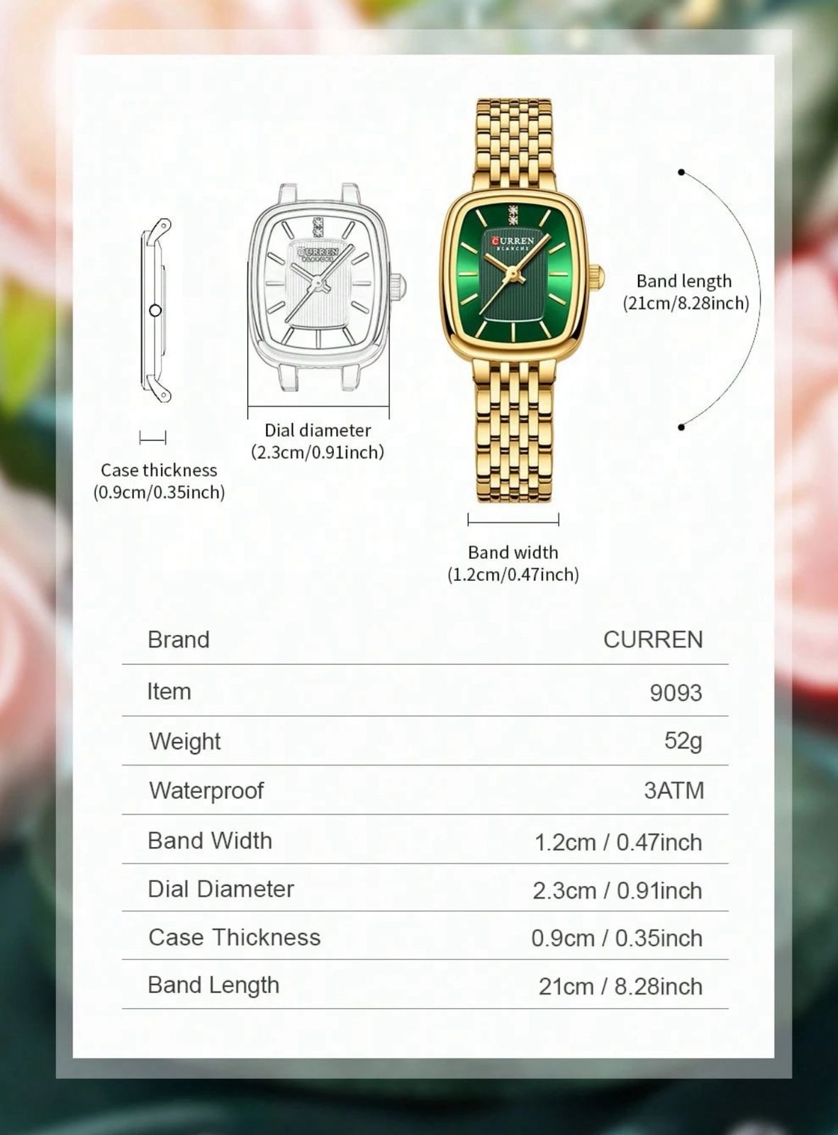 ساعة نسائية أنيقة من CURREN بتصميم مربع – مقاومة للماء، حزام ذهبي وميناء أخضر، مناسبة للأعمال والهدايا LGMG 9093