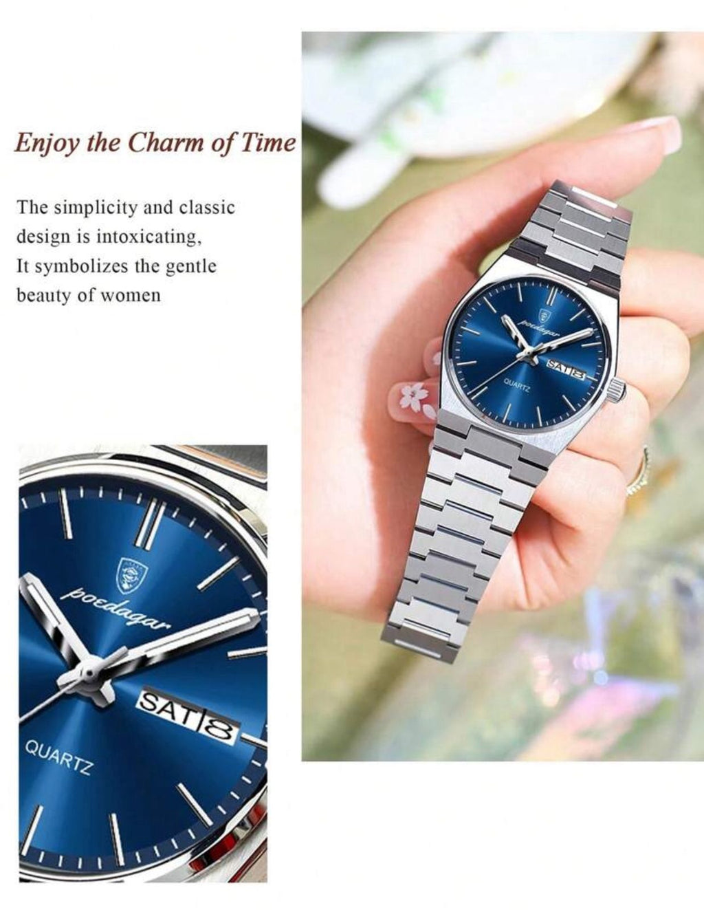 ساعة POEDAGAR نسائية أنيقة – بعرض للتاريخ والأسبوع، مضيئة ومقاومة للماء، ستانلس ستيل بلون أزرق راقٍ LSMB 786