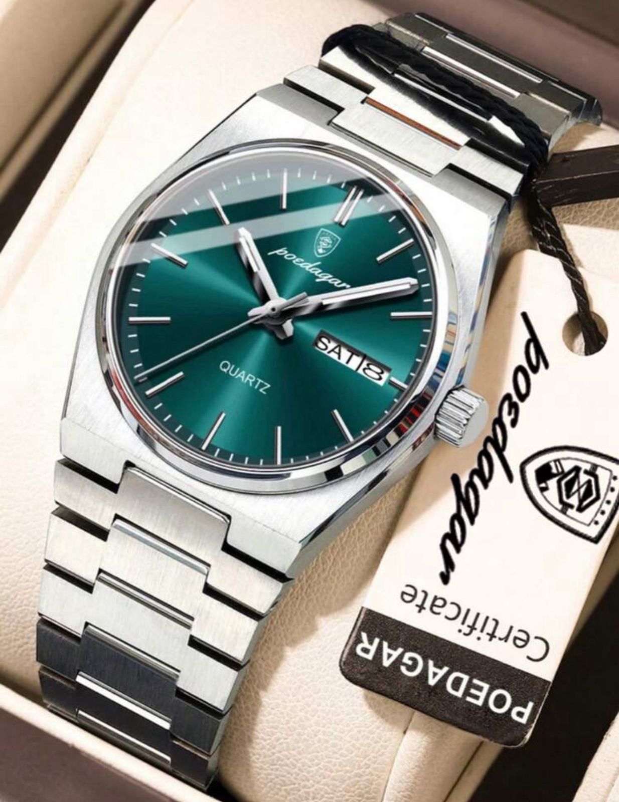 ساعة POEDAGAR نسائية أنيقة – بعرض للتاريخ والأسبوع، مضيئة ومقاومة للماء، ستانلس ستيل بلون أخضر راقٍ LSMG 786