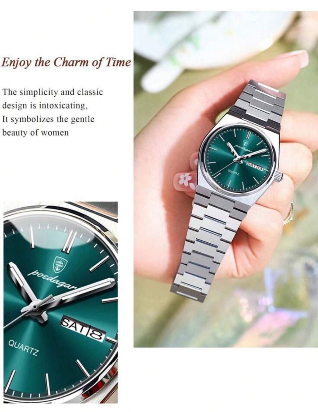 ساعة POEDAGAR نسائية أنيقة – بعرض للتاريخ والأسبوع، مضيئة ومقاومة للماء، ستانلس ستيل بلون أخضر راقٍ LSMG 786