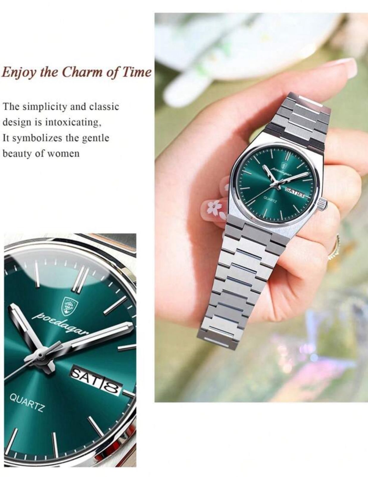 ساعة POEDAGAR نسائية أنيقة – بعرض للتاريخ والأسبوع، مضيئة ومقاومة للماء، ستانلس ستيل بلون أخضر راقٍ LSMG 786