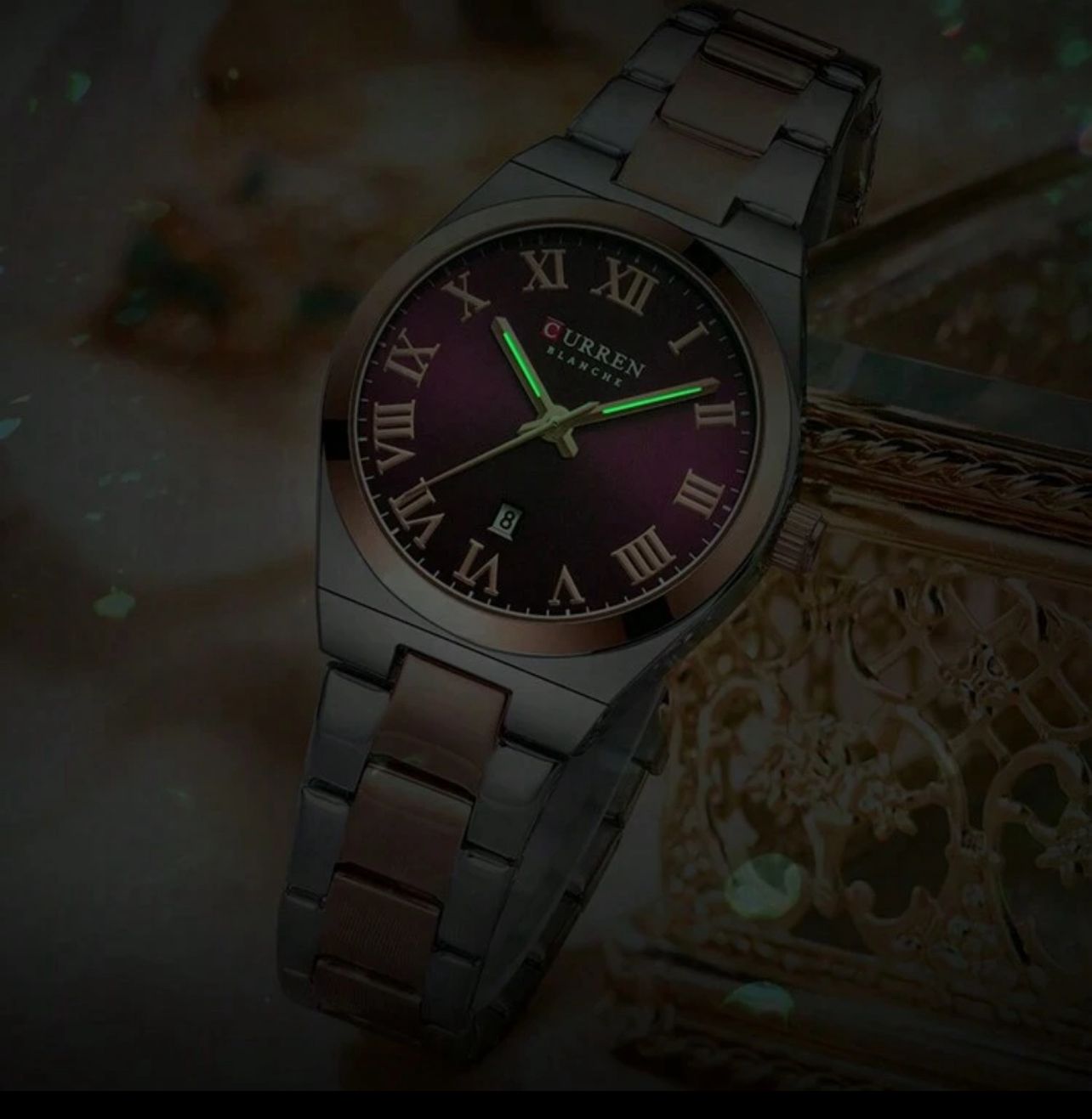 ساعة CURREN نسائية أنيقة – تصميم كلاسيكي بقرص عنابي، سوار ستانلس ستيل، مقاومة للماء، مثالية كهدية LTMM 9095