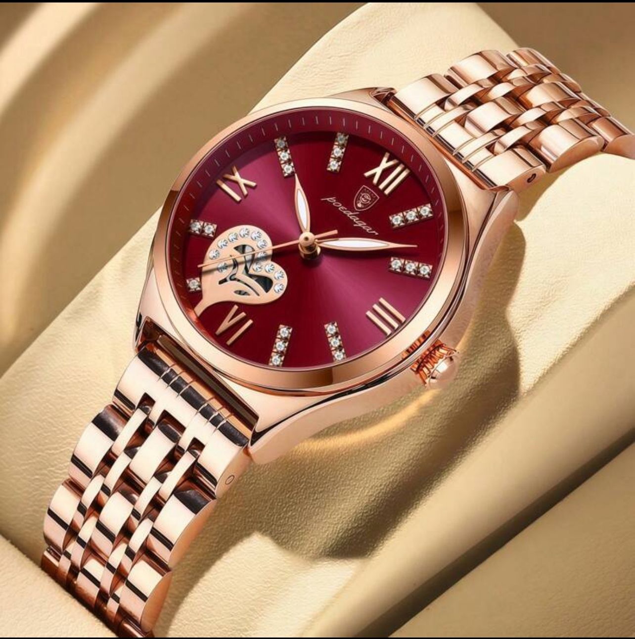 ساعة BINBOND نسائية فاخرة – تصميم قلب مرصع، بلون ذهبي وردي، مقاومة للماء، بسوار ستانلس ستيل، هدية مثالية LRMM 320