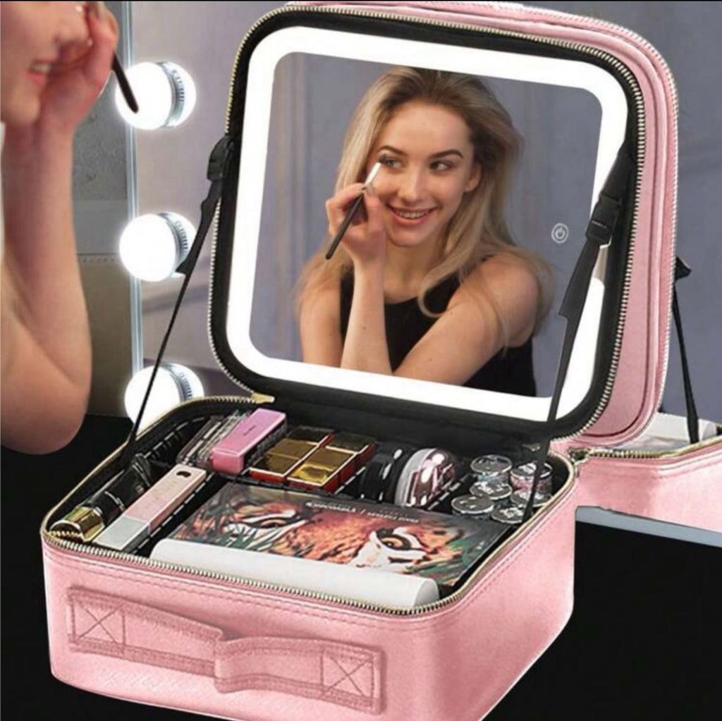 حقيبة مكياج سفر محمولة مع مرآة ليد بإضاءة قابلة للتعديل باللون البينك