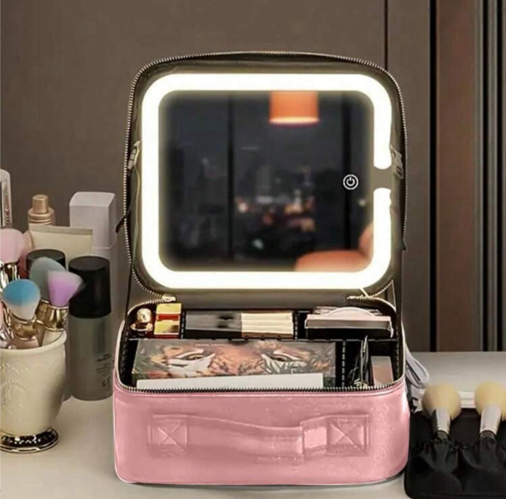 حقيبة مكياج سفر محمولة مع مرآة ليد بإضاءة قابلة للتعديل باللون البينك