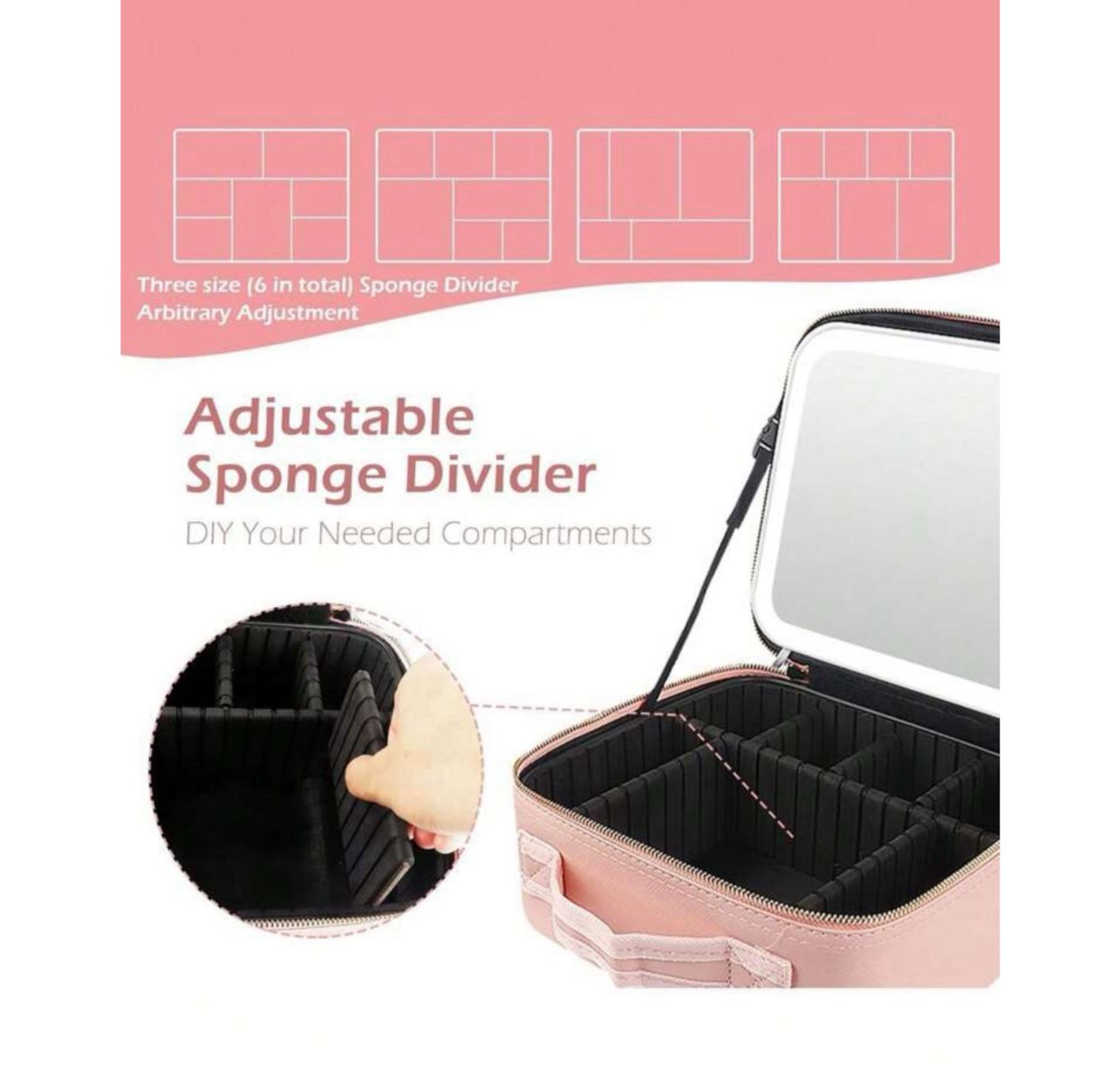 حقيبة مكياج سفر محمولة مع مرآة ليد بإضاءة قابلة للتعديل باللون البينك