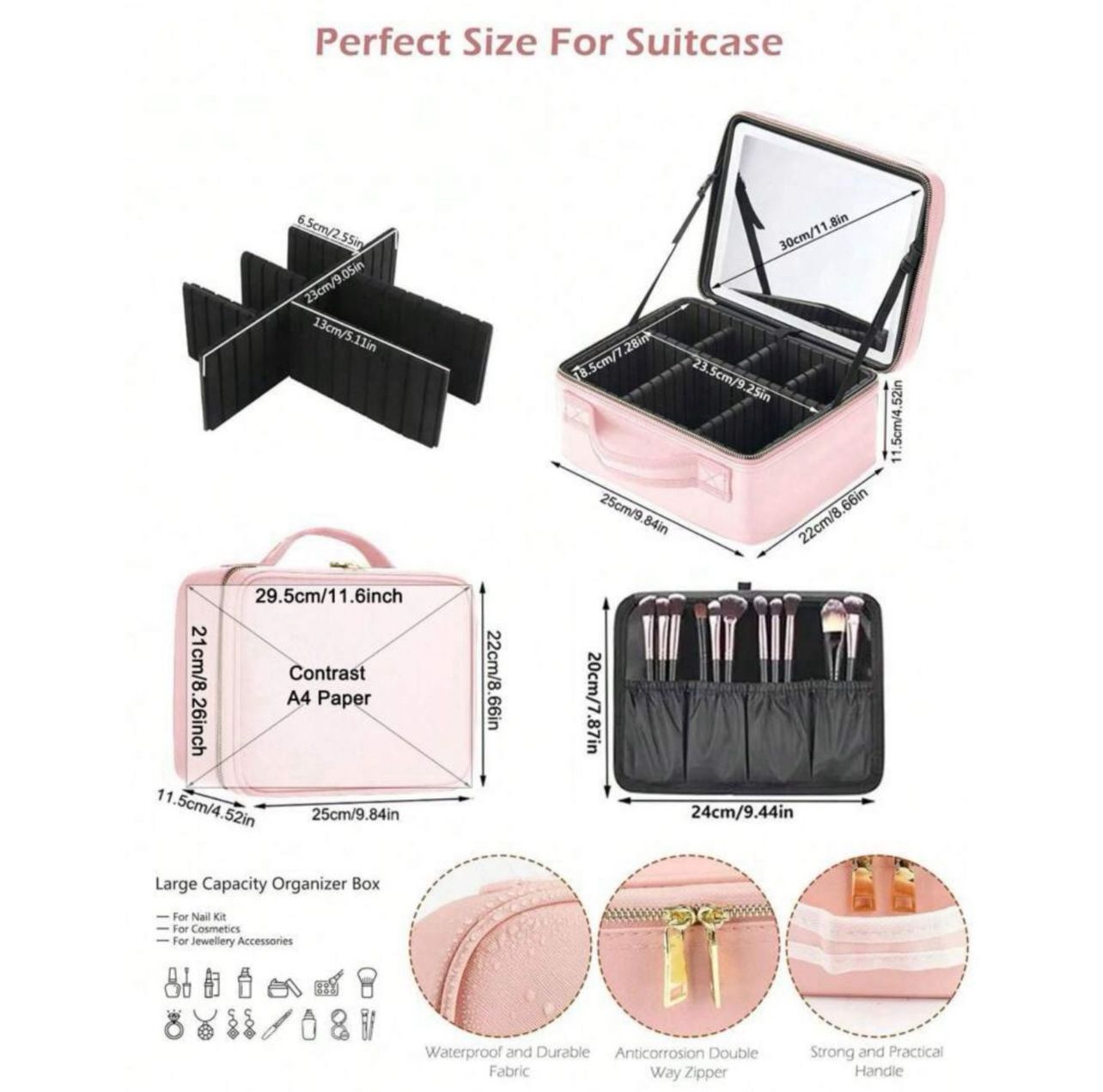 حقيبة مكياج سفر محمولة مع مرآة ليد بإضاءة قابلة للتعديل باللون البينك