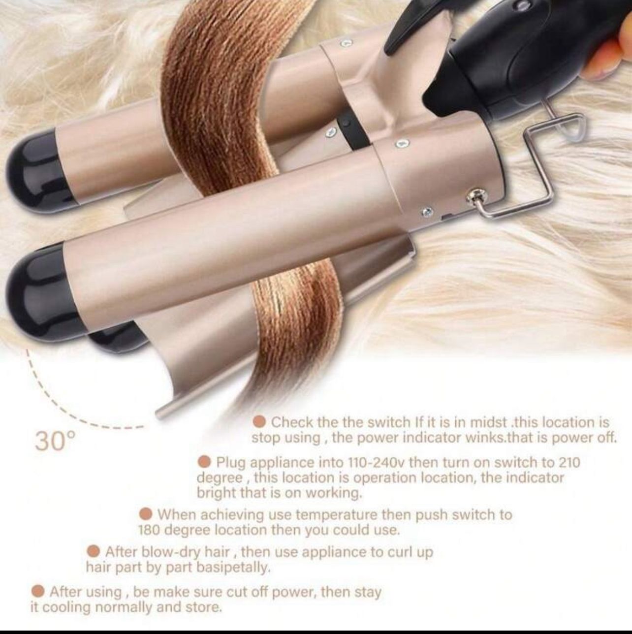 مكواة الشعر الثلاثية لتسريحات كيرلي ساحرة وجذابة ذهبى