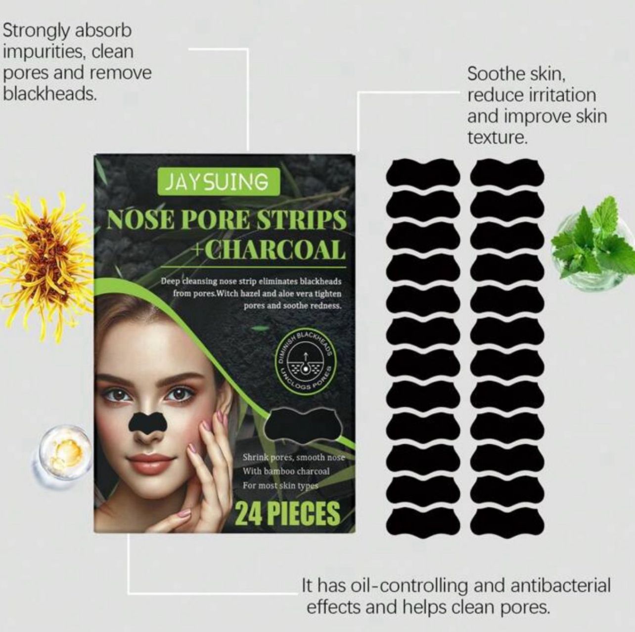 شرائط تنظيف الأنف بالفحم – 24 قطعة لإزالة الرؤوس السوداء وشد المسام