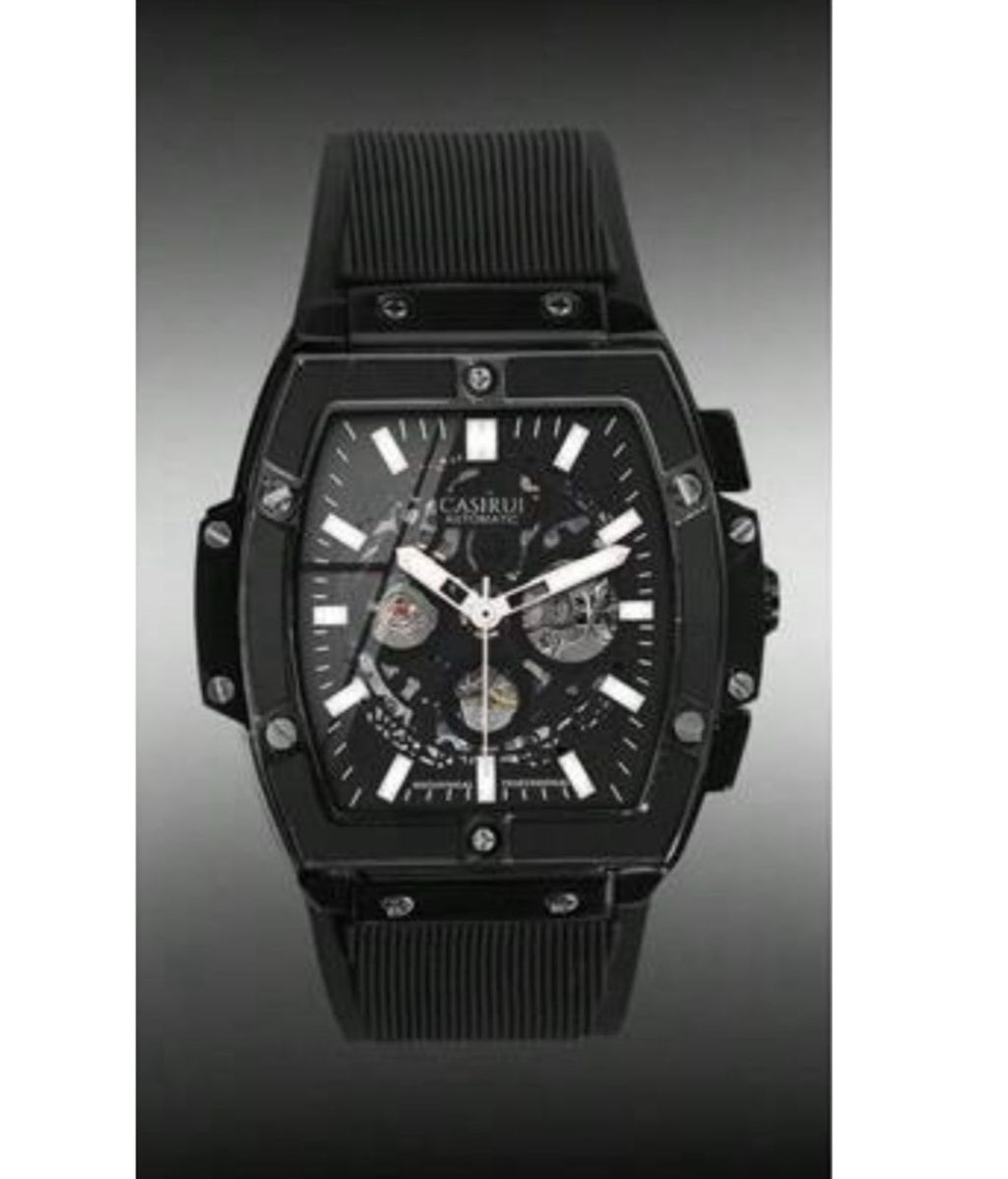 ساعة CASIRUI أوتوماتيكية رجالية بتصميم مربع – مينا مفرغة، حزام TPU أسود GBB 3080
