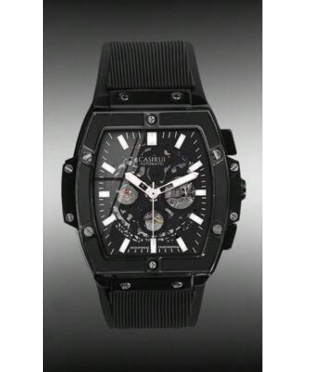 ساعة CASIRUI أوتوماتيكية رجالية بتصميم مربع – مينا مفرغة، حزام TPU أسود GBB 3080
