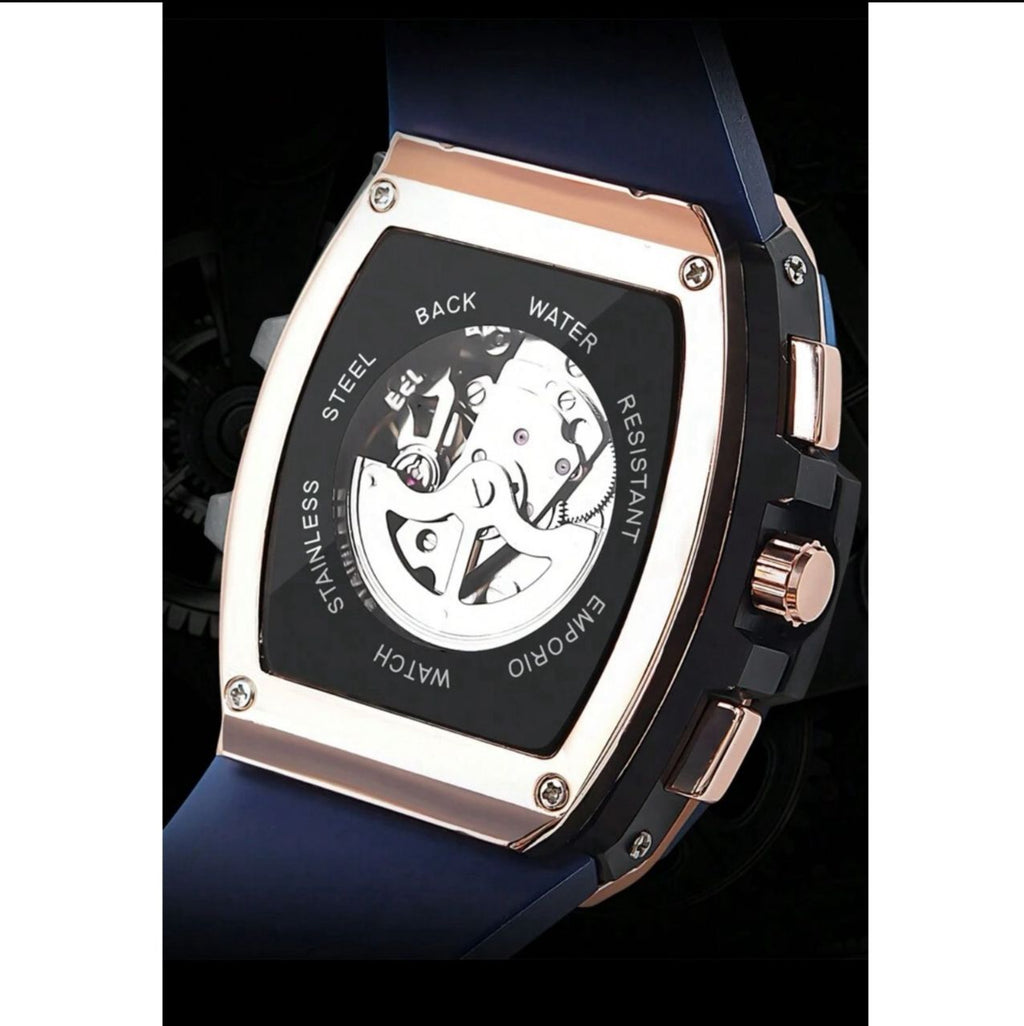 ساعة CASIRUI أوتوماتيكية رجالية بتصميم مربع – مينا مفرغة، حزام TPU أسود GBB 3080