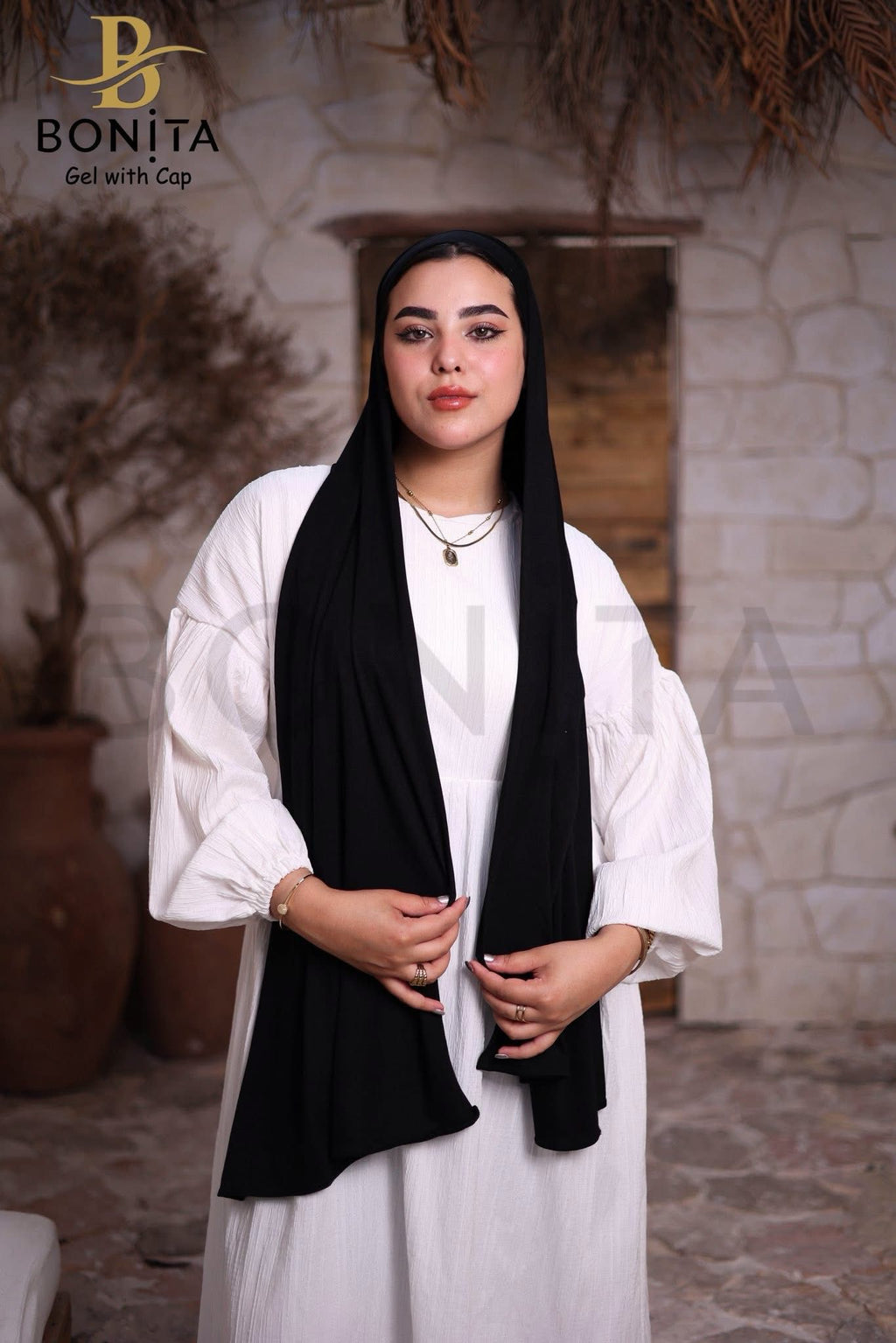حجاب جل كويتي مع بندانة بنفس اللون – أسود – RSL-022-BK