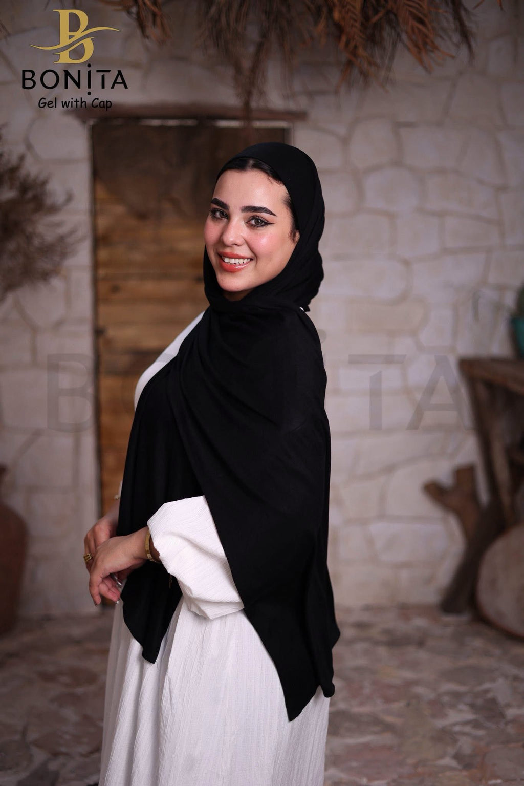 حجاب جل كويتي مع بندانة بنفس اللون – أسود – RSL-022-BK