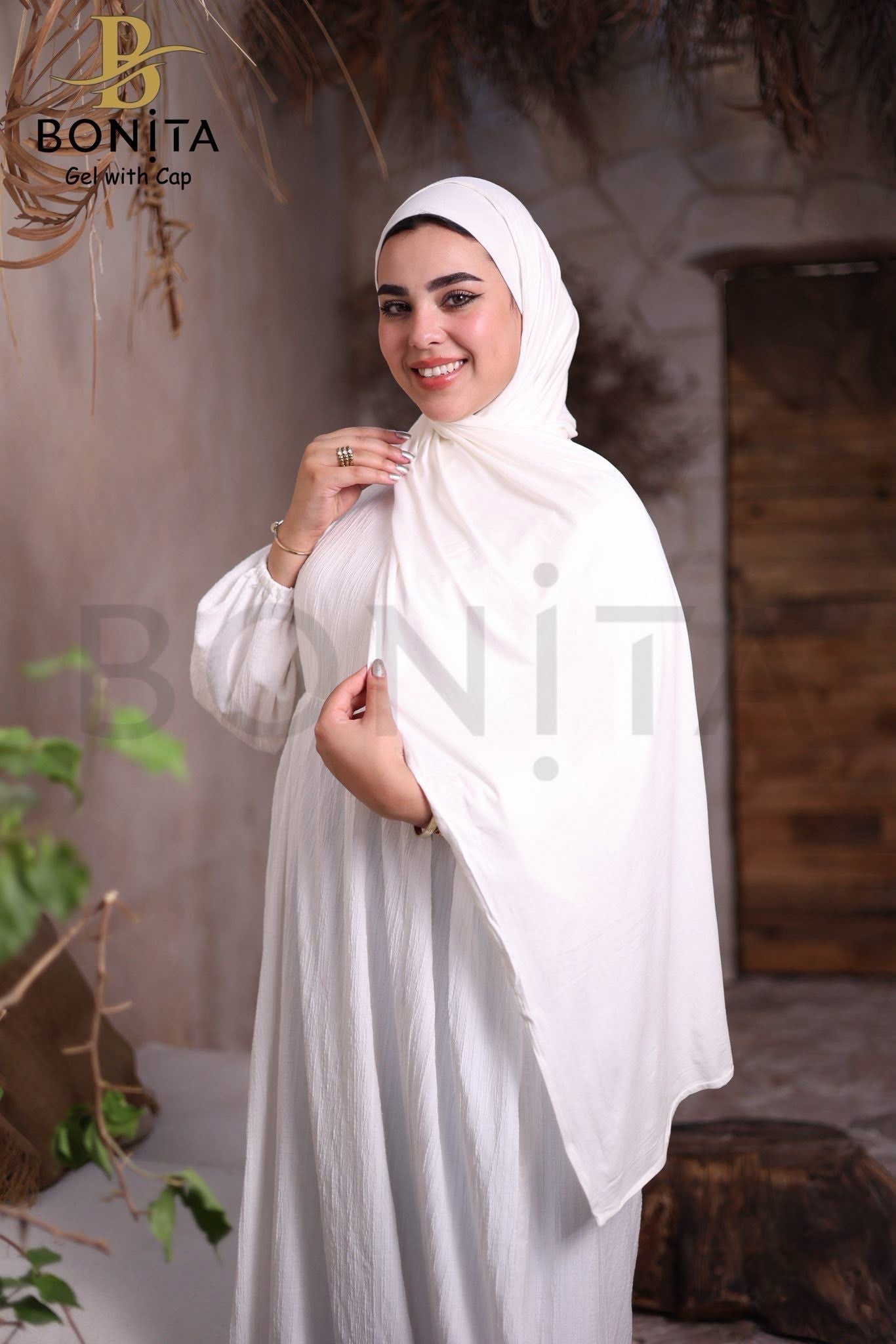 حجاب جل كويتي مع بندانة بنفس اللون – أبيض – RSL-022-WH