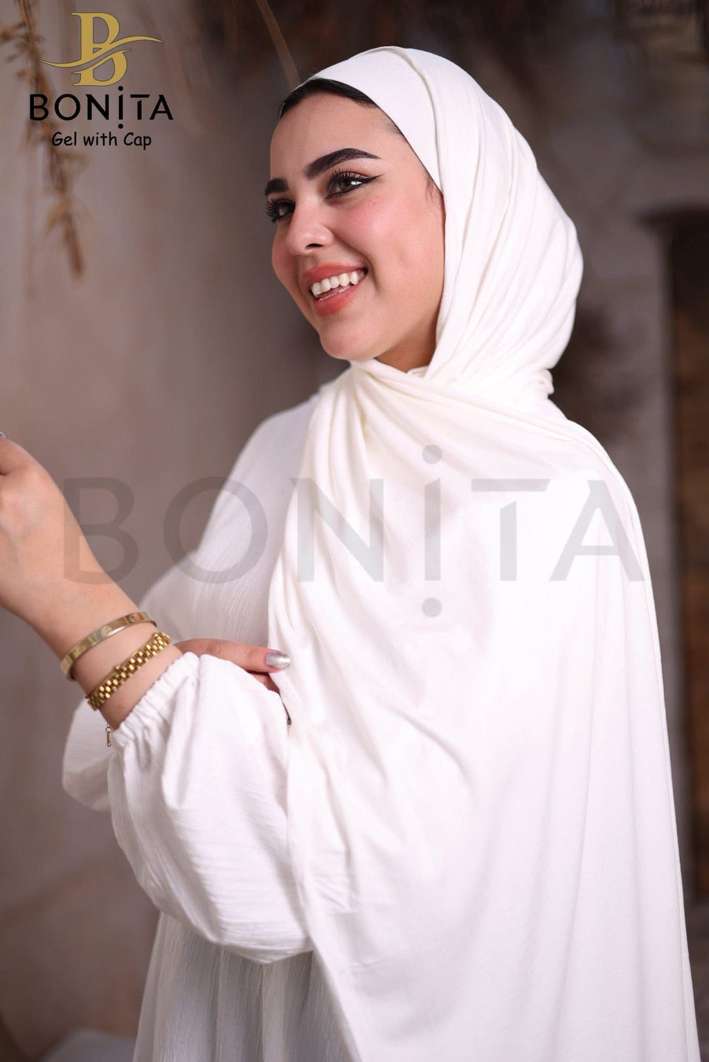 حجاب جل كويتي مع بندانة بنفس اللون – أبيض – RSL-022-WH
