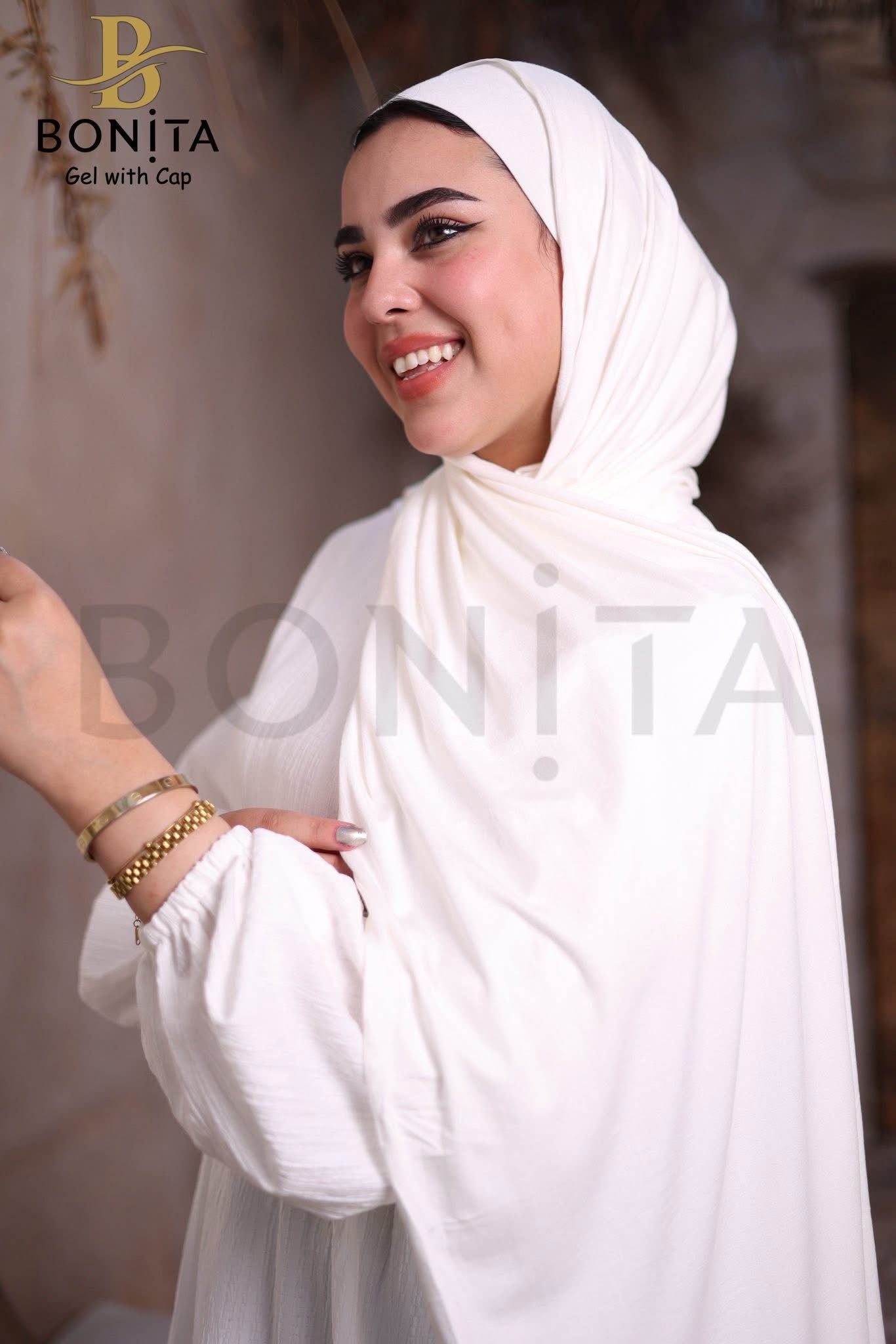 حجاب جل كويتي مع بندانة بنفس اللون – أبيض – RSL-022-WH