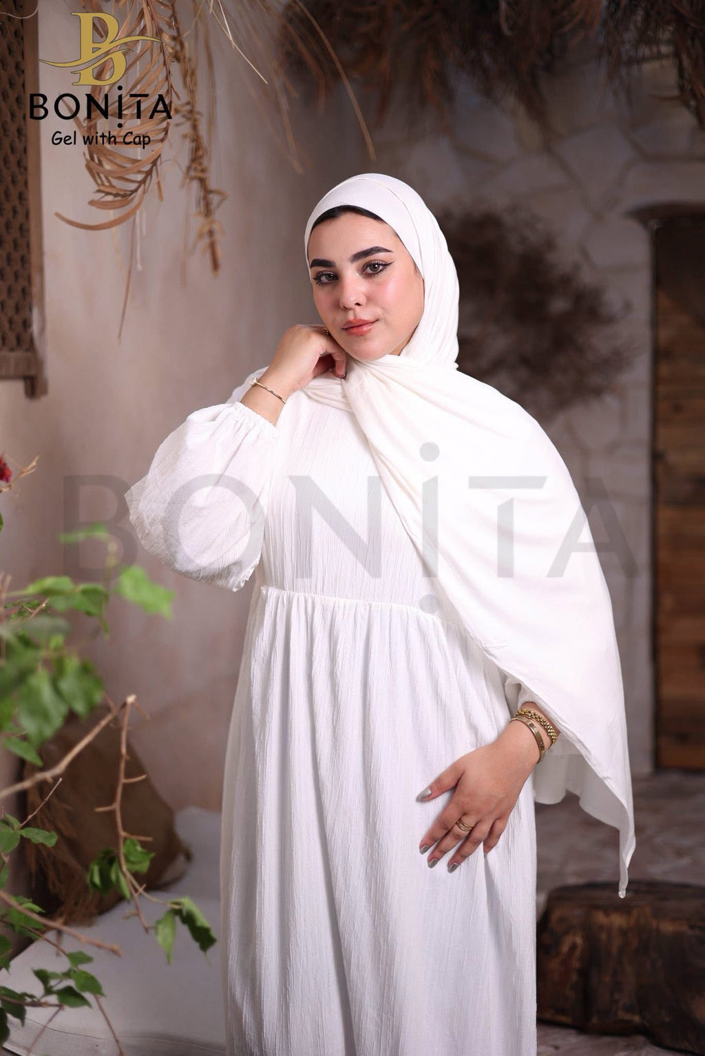 حجاب جل كويتي مع بندانة بنفس اللون – أبيض – RSL-022-WH