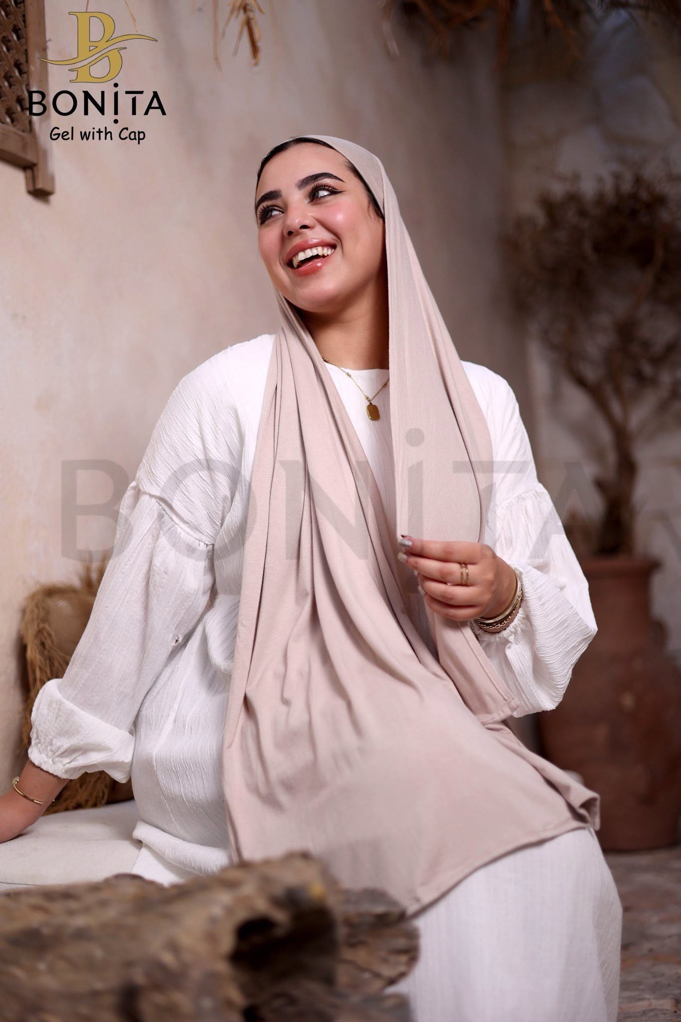 حجاب جل كويتي مع بندانة بنفس اللون – بيج – RSL-022-BG