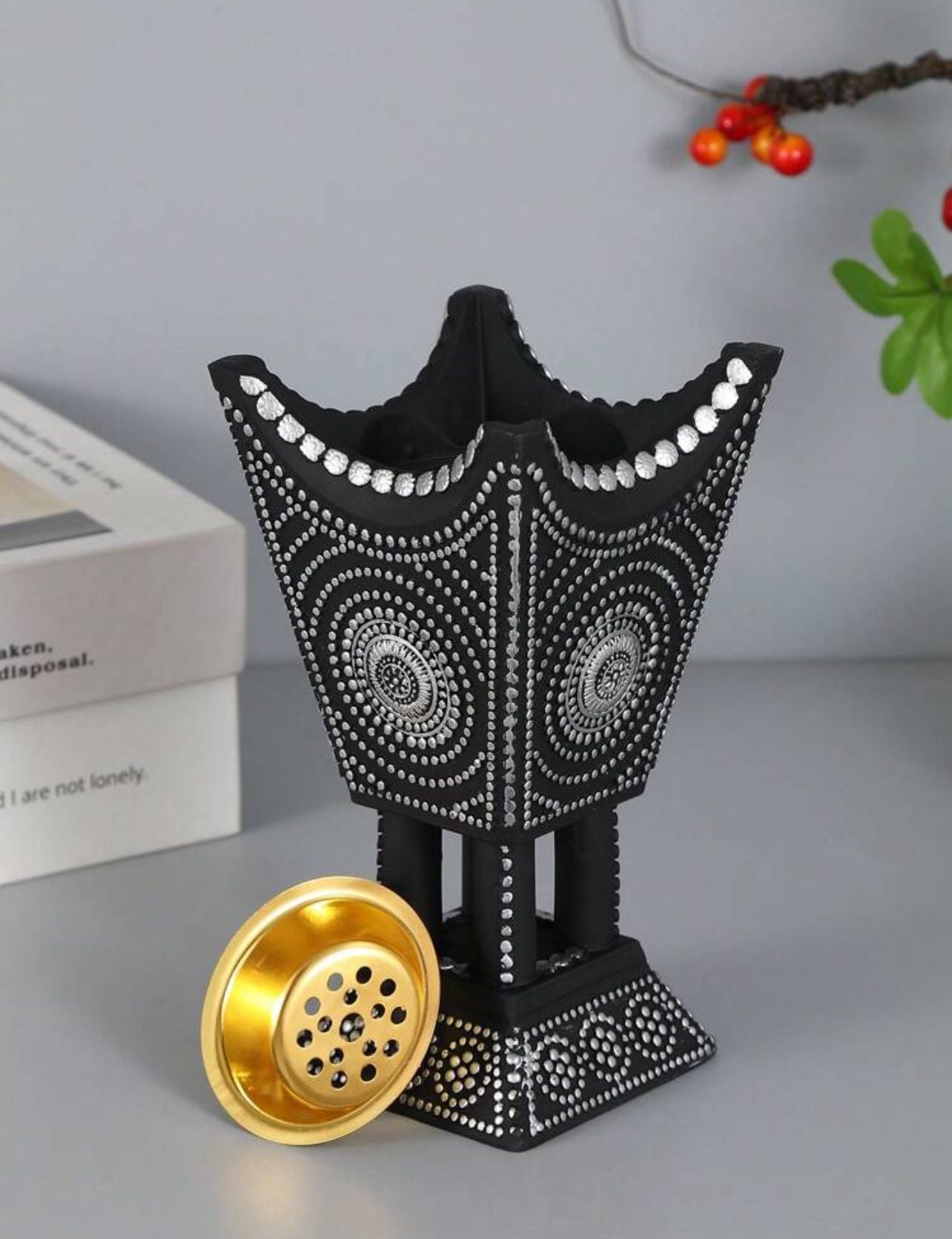 مبخرة راتنج بتصميم كأس مزخرفة بتطعيم ذهبي يدوي ديكور فاخر للمنزل INC-005-BK