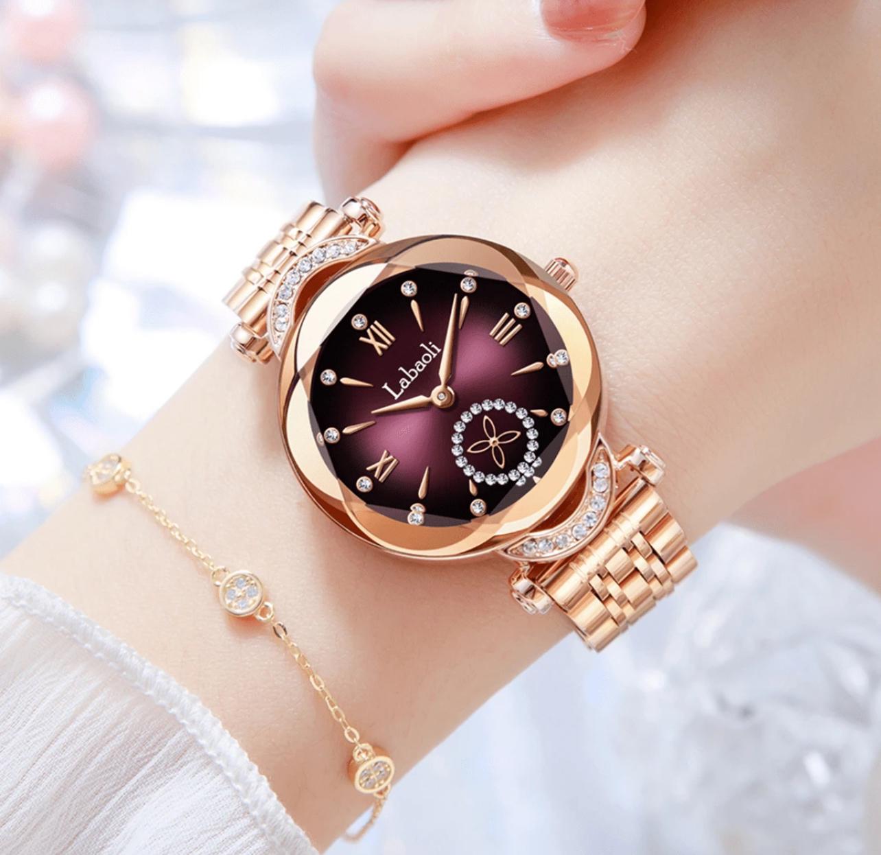 ساعة يد نسائية من Laboali بتصميم فاخر باللون الذهبي الوردي مع فصوص زركون LRBL 536