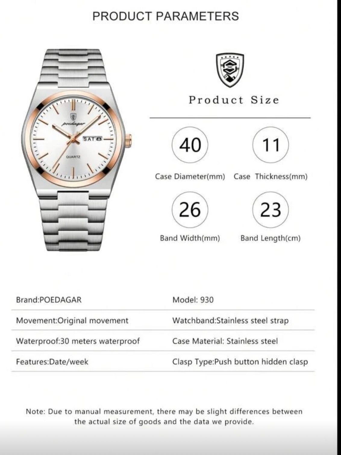 ساعة رجالية POEDAGAR كلاسيكية – ستانلس ستيل، مضادة للماء، بعرض اليوم والتاريخ  GMTTW 930