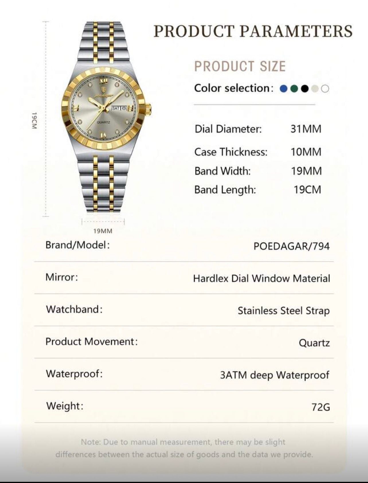 ساعة نسائية فاخرة POEDAGAR – ستانلس ستيل، كوارتز، مقاومة للماء، بعرض اليوم والتاريخ  LMTW 794