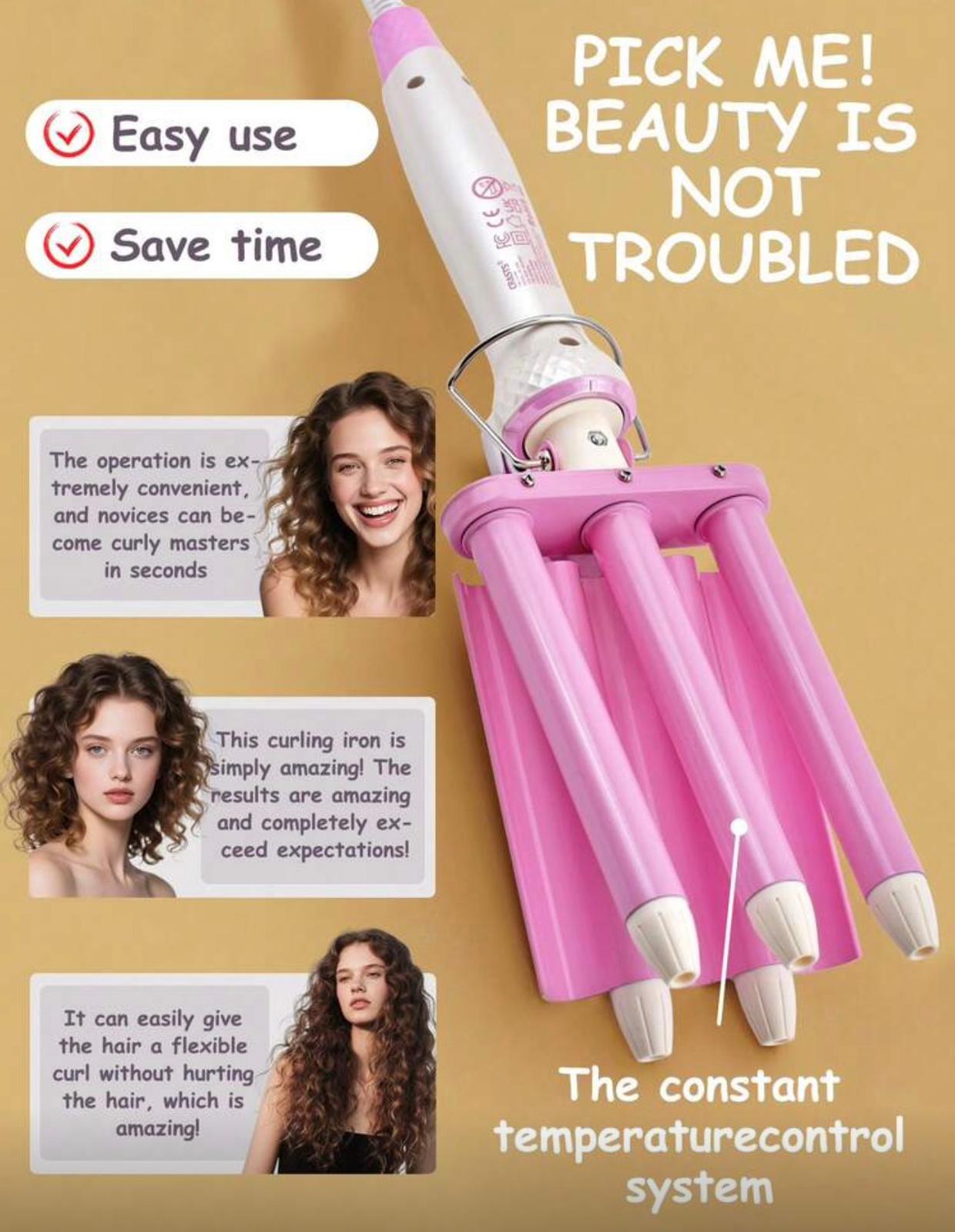 مكواة تجعيد الشعر  CRASTS الوردية بضبط الحرارة – HC-048