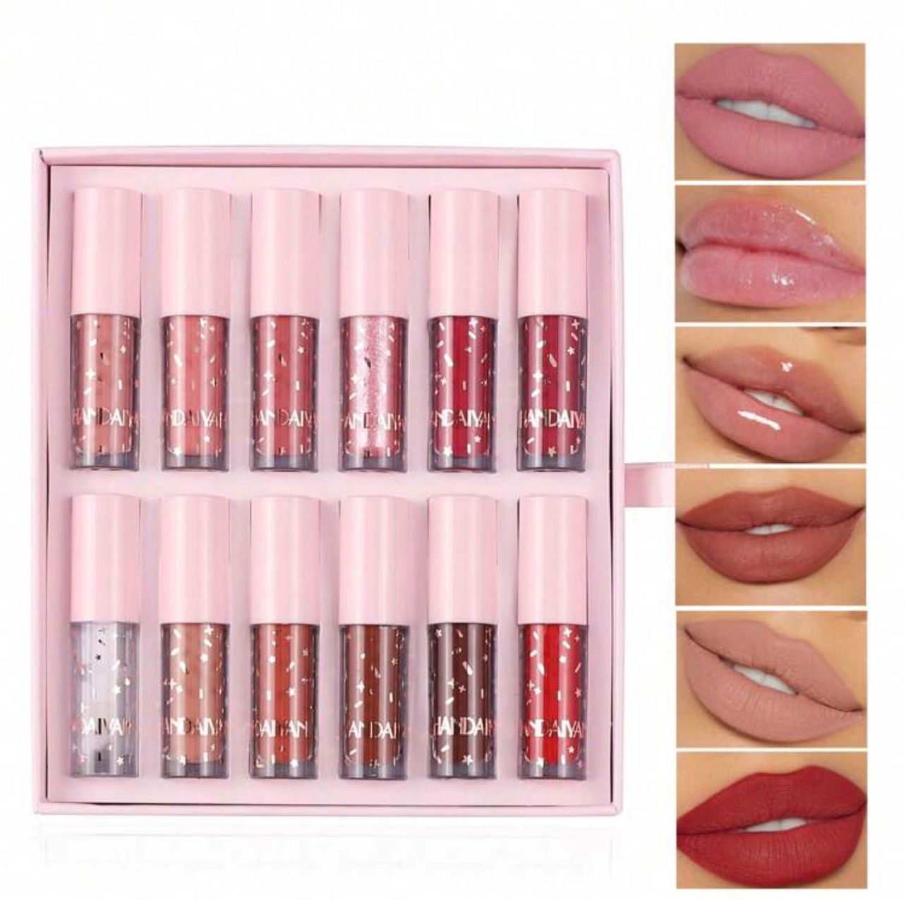 مجموعة HANDAIYAN من 12 لون – غلوس وأحمر شفاه سائل ثابت ومقاوم للماء