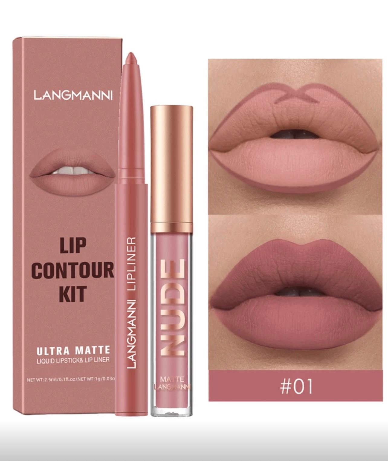 طقم روج مطفي + محدد شفاه مقاوم للماء من LANGMANNI – درجة  01