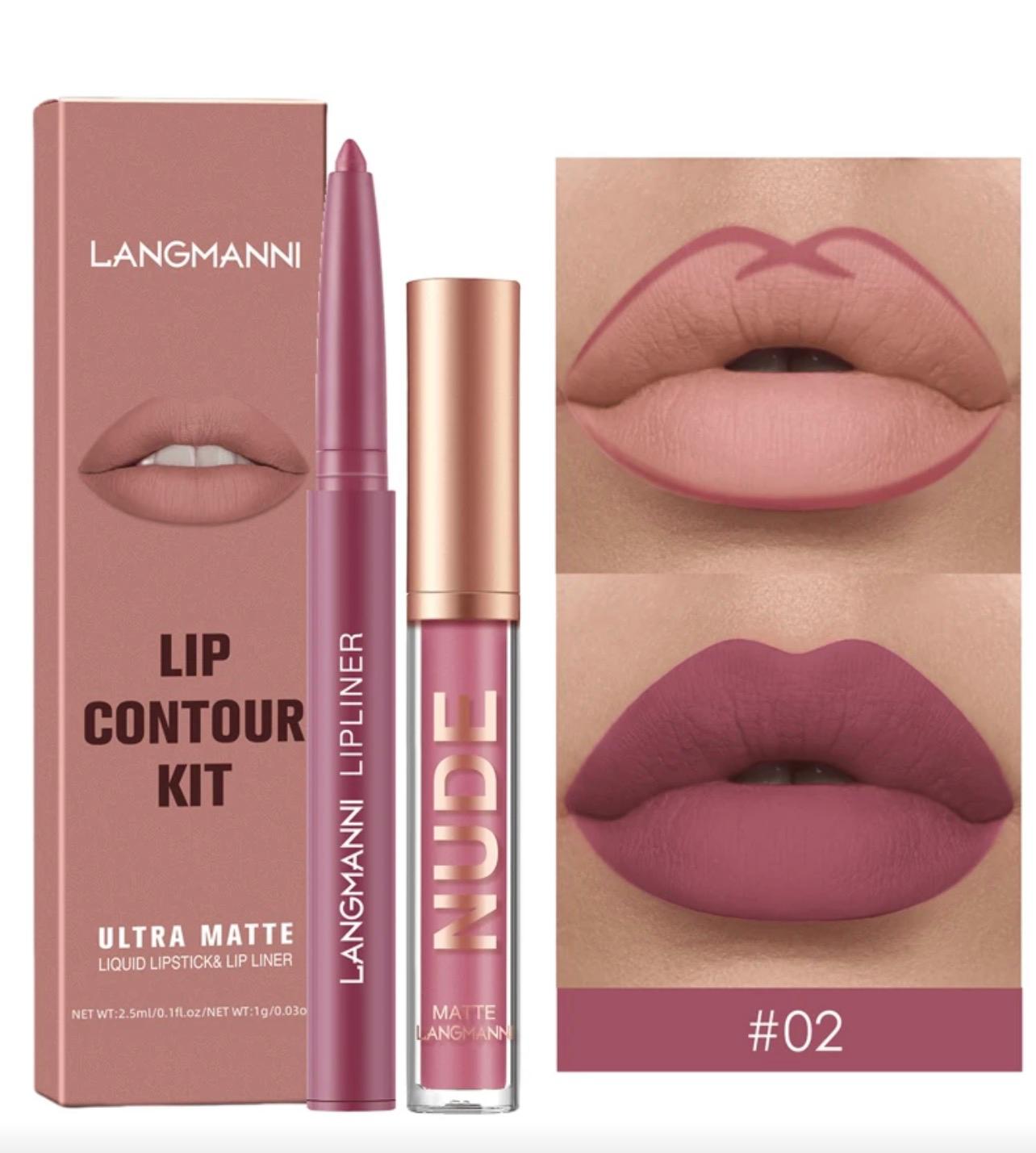 طقم روج مطفي + محدد شفاه مقاوم للماء من LANGMANNI – درجة  02