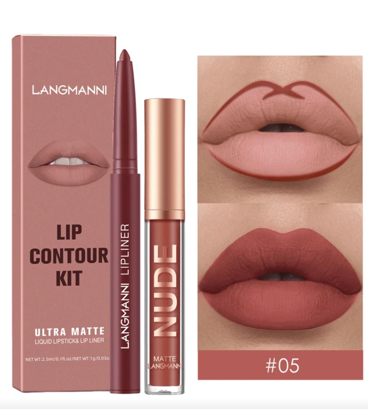 طقم روج مطفي + محدد شفاه مقاوم للماء من LANGMANNI – درجة  05
