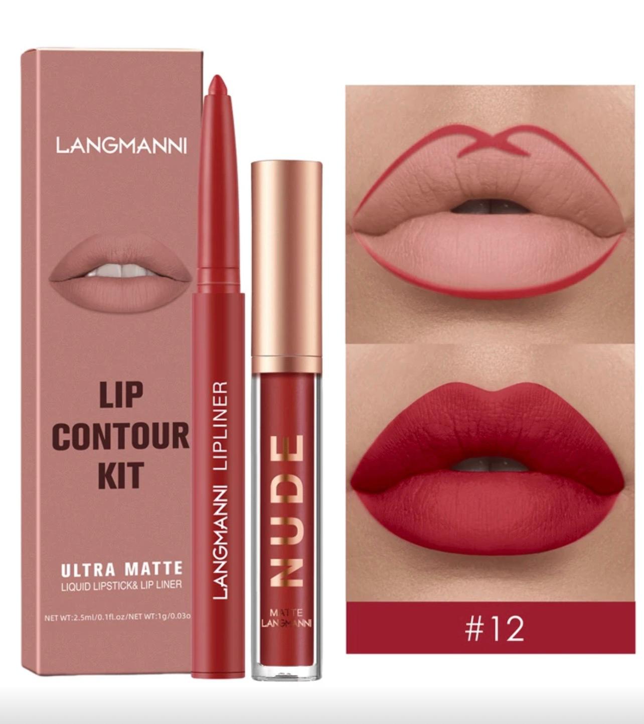 طقم روج مطفي + محدد شفاه مقاوم للماء من LANGMANNI – درجة  12