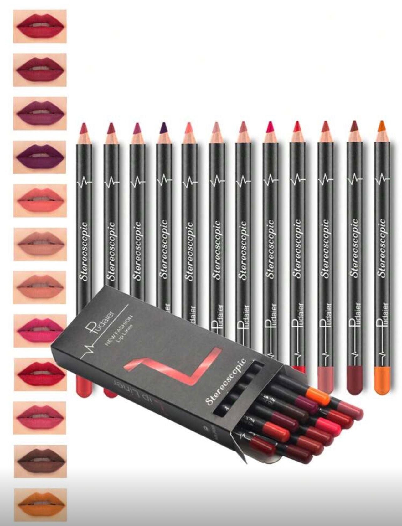 طقم 12 قلم تحديد شفاه ضد الماء – ألوان ثابتة وطويلة الأمد