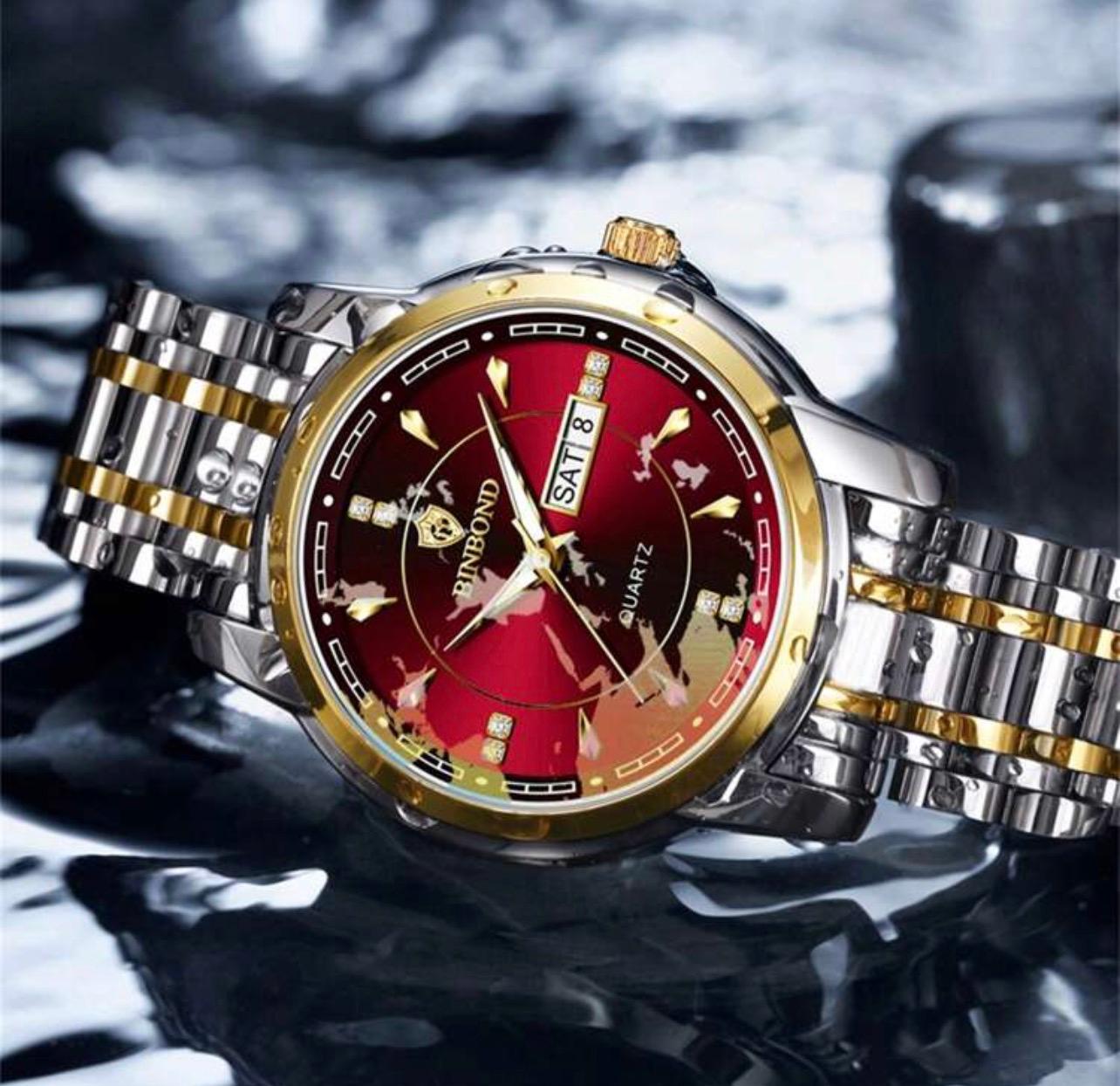 ساعة رجالية فاخرة ستانلس ستيل 316 مقاومة للماء – ديال أحمر – تقويم أسبوع – 42 مم  GTM 8879