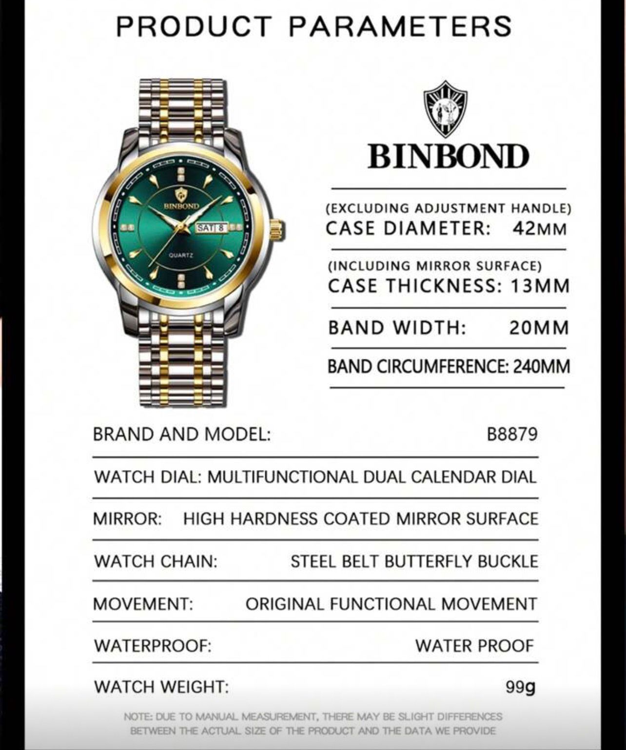 ساعة رجالية فاخرة من الفولاذ المقاوم للصدأ 316 – ضد الماء 50م – ديال أخضر – تقويم أسبوعي مزدوج – 42مم GTTGR 887