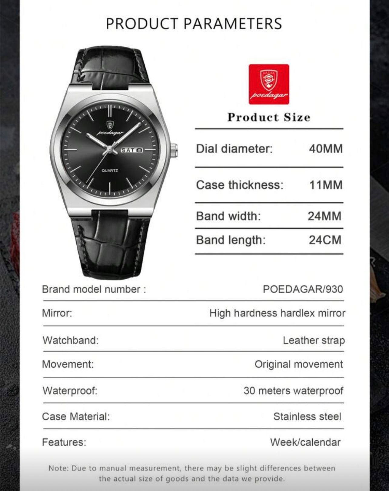 ساعة رجالية POEDAGAR مقاومة للماء بقراءة التاريخ والأسبوع – سير جلد PU فاخر GLSB 930